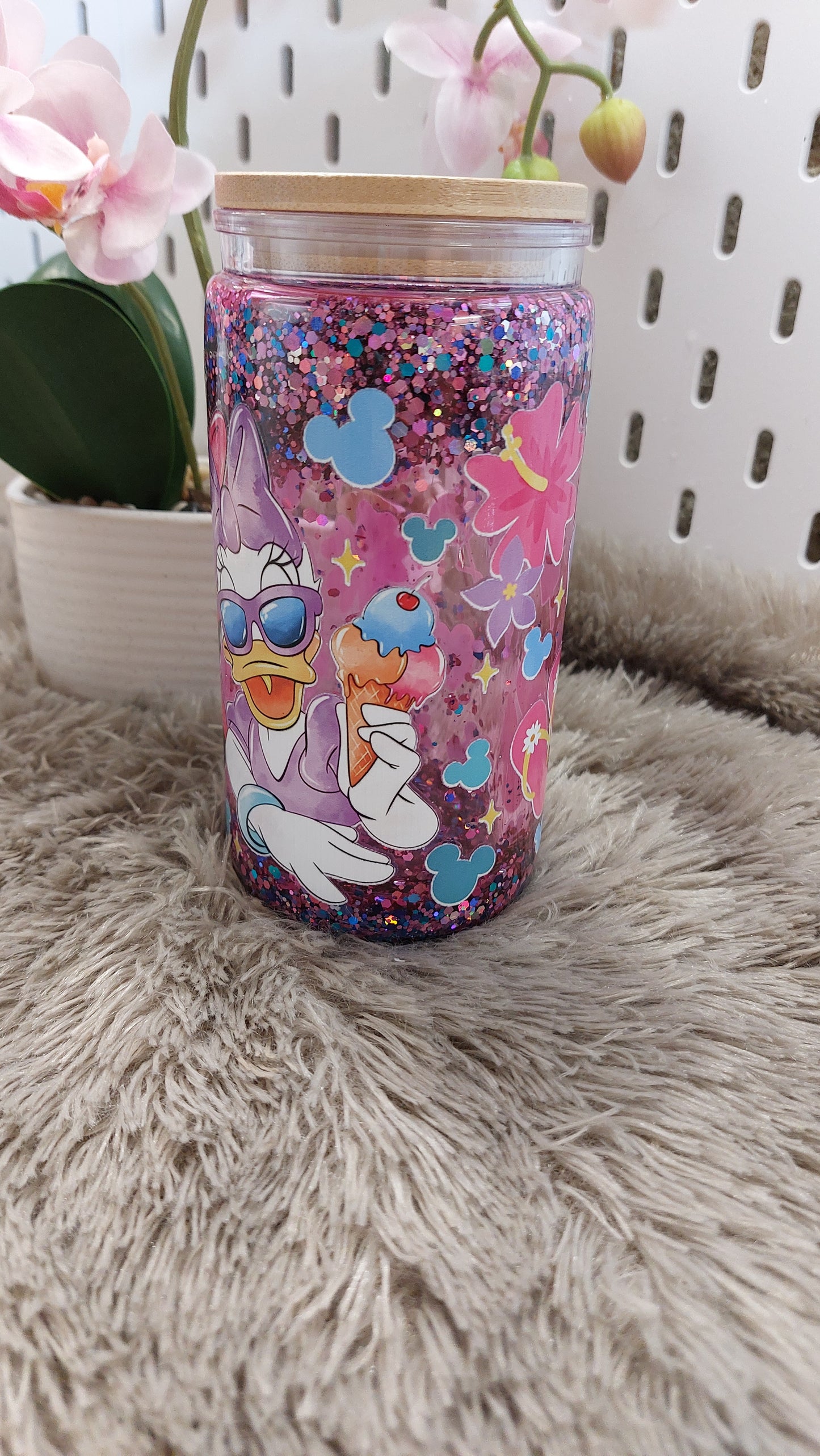 Gobelet double paroi effet paillettes roses – style cartoon girly