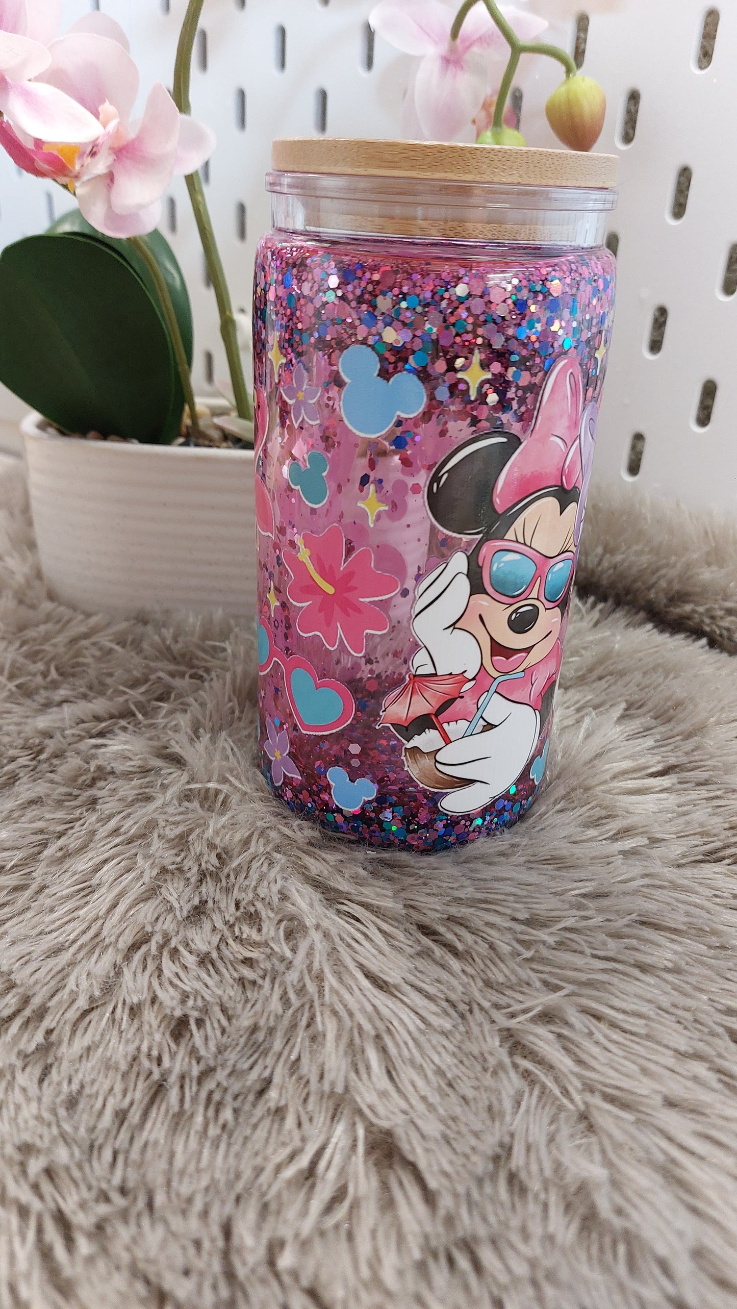 Gobelet double paroi effet paillettes roses – style cartoon girly