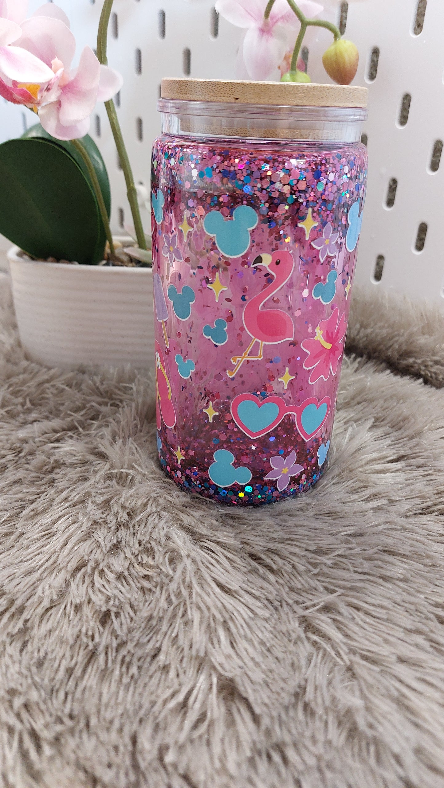 Gobelet double paroi effet paillettes roses – style cartoon girly