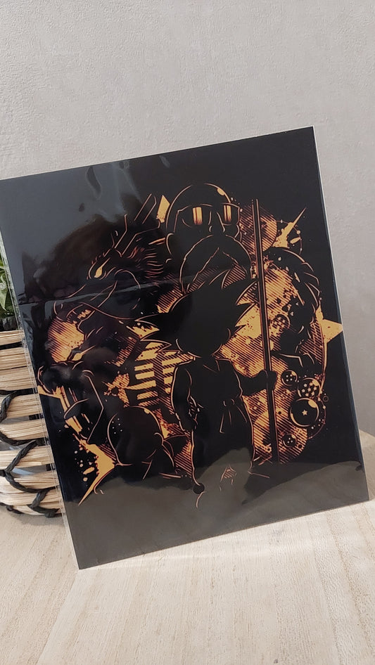 Plaque décorative en métal – Héros aux cheveux hérissés & sphères étoilées